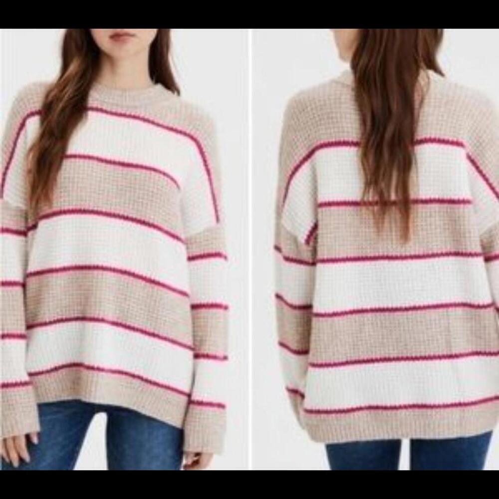 American Eagle Outfitters Beige, White & Pink Striped Crewneck Sweater